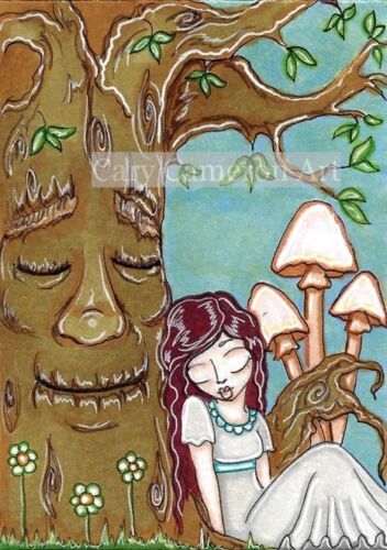 ACEO Original Painting Big Eye Tree Fairy Flower Fantasy Outsider art- C Cameron - Zdjęcie 1 z 1
