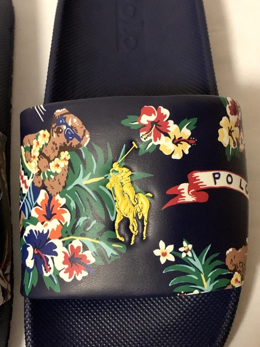 Polo Ralph Lauren Mens Tropical Bear Big Pony Slide Sandals Navy Size US 11