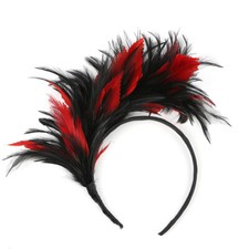 BLACK RED FEATHER FASCINATOR/CROWN/TIARA ON HEADBAND, SPRING RACES,WEDDING