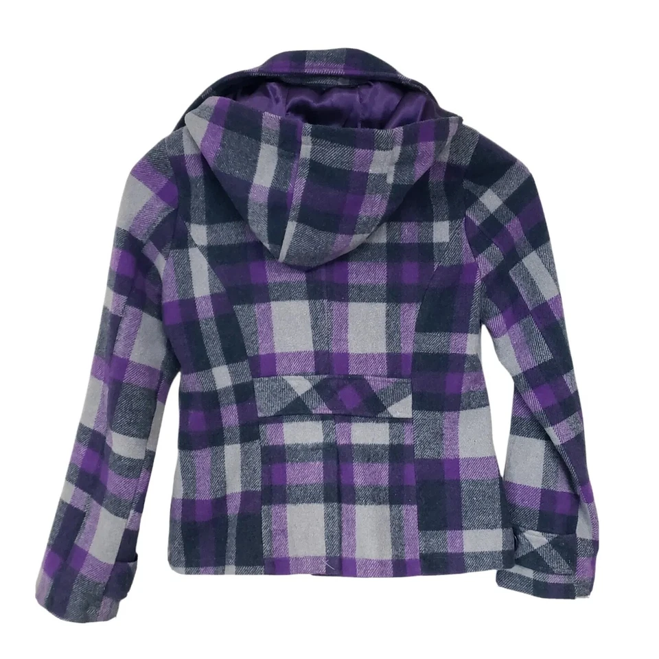 Abrigo para mujer Dollhouse talla pequeña a cuadros mezcla de lana chaqueta con capucha de doble pecho Foto 2 de 4