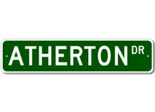 Atherton Drive Street Sign Personalized Custom Last Name Metal Sign - Aluminum