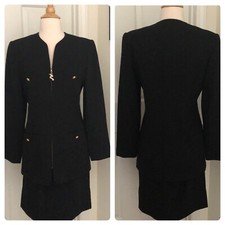 VTG Oleg Cassini Black 100 Wool Suit 1990s Pencil Skirt Blazer 6 Gold Zip Retro