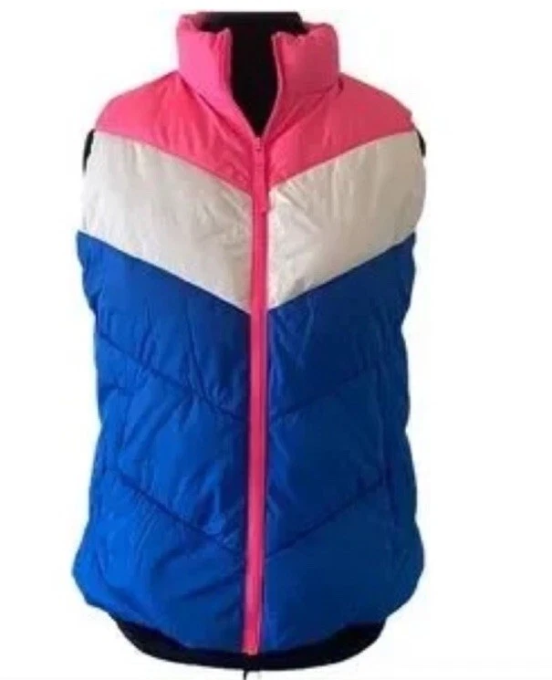 Chaleco acolchado GAP rosa neón azul blanco a rayas talla XL Foto 3 de 4