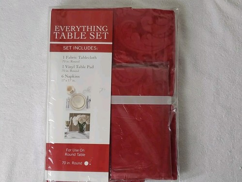 Everything Table Set Red Pattern 70" Round Table 70" Vinyl Table Pad, 6 Napkins