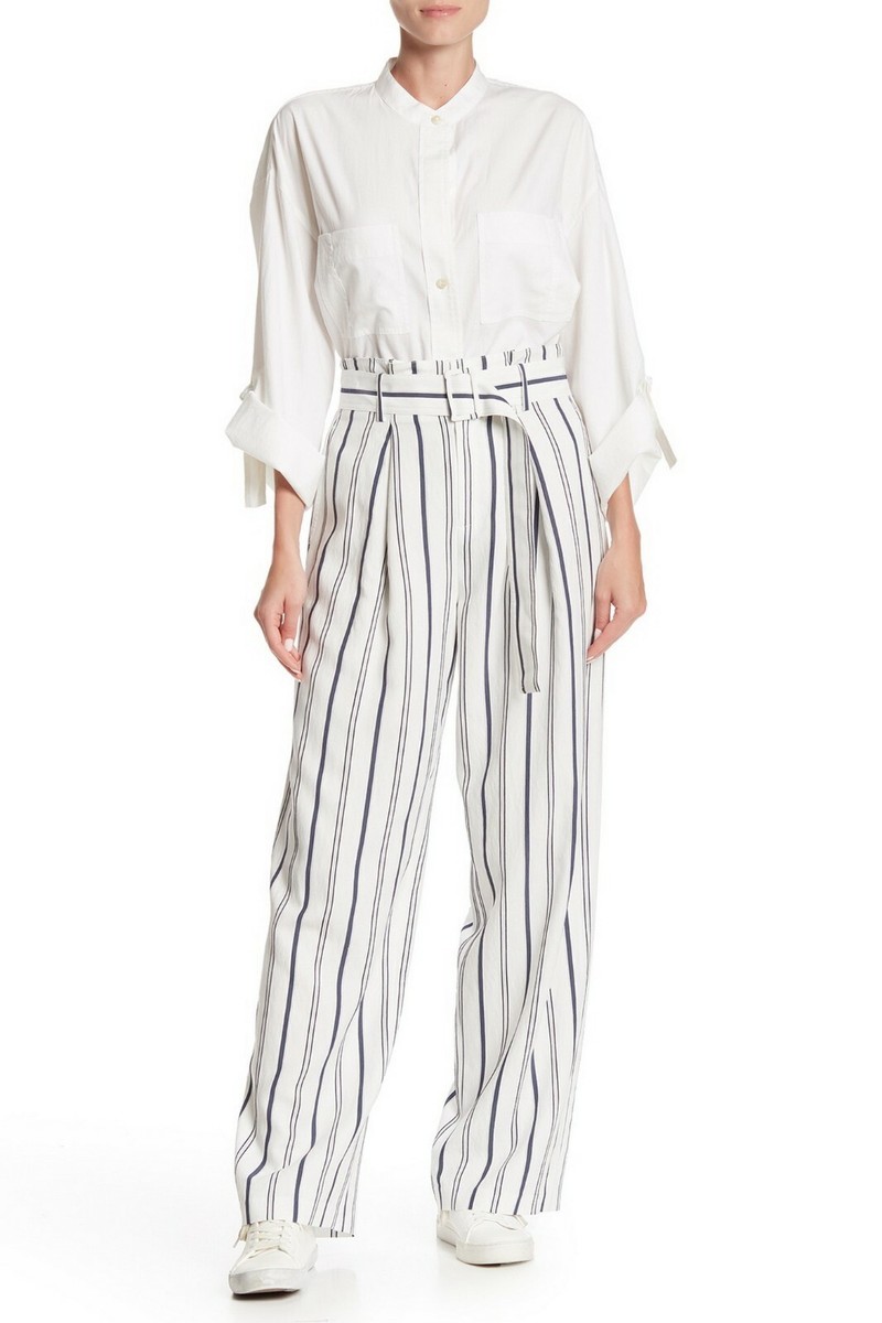 NEW Vince Dobby Stripe Print Belted High Waisted Pants,Off White