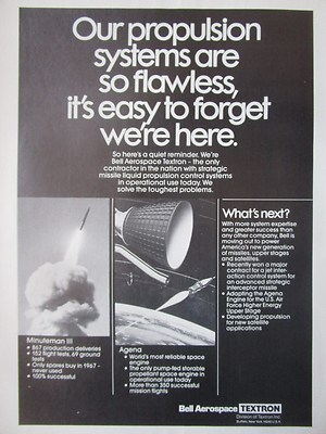 4/1982 PUB BELL AEROSPACE MINUTEMAN III MISSILE AGENA SPACE ENGINE ORIGINAL ANZEIGE