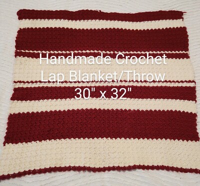 BEAUTIFUL VINTAGE HANDMADE CROCHET AFGHAN LAP BLANKET THROW RED WHITE STRIPED