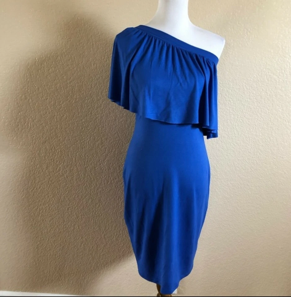 Three Dots Ruffle One Shoulder Knit Blue Bodycon Cocktail Dress S New - Image 2 of 4