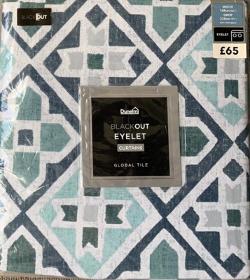 Dunelm blau, grün & grau Fliesenmuster Verdunkelung Ösenvorhänge - 3 Größen