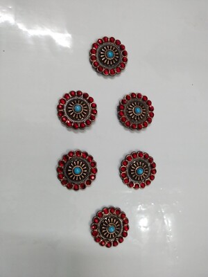 Lot De 6 Conchos Ronds Pour Selle Western - Pierres Rouges, Fabriqués En Inde, Neufs