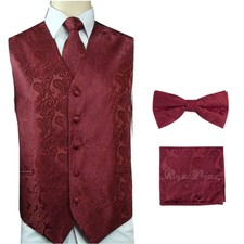 Burgundy Men Paisley Tuxedo Suit Dress Vest Waistcoat Necktie Bowtie Hanky 4pcs