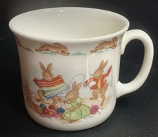 Vtg Royal Doulton Bunnykins Mug Cup, Knitting Bunnies English Fine Bone China UK