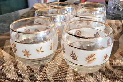 Vtg Set of 6 Cool MCM Glass Gold Leaf Roly Poly Libby Whiskey Glasses 1970's