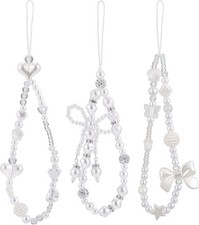 3 Pack Beaded Phone Charms Strap Butterfly Bow Pearl Wrist Lanyard for Women