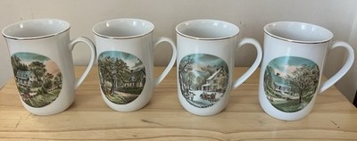 Set of 4 Vintage Currier and Ives Four Seasons Cup Mugs Coffee Tea Collectible