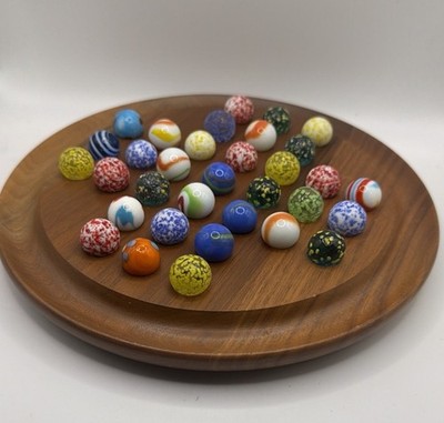 Deluxe Wooden Solitaire Game - 8'' Vintage Board w/ 34 Modern Glass Marbles