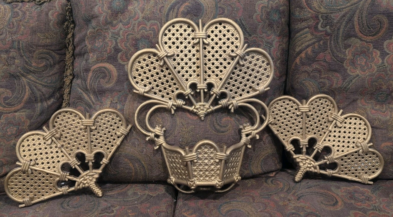 Burwood Wall Hanging Basket Pocket Sconce/Planter &2-Fan Shaped Plaques Gold Vtg