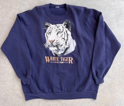 Vintage White Tiger Sweatshirt 26x29 felis tigris Nature Animals Navy Blue