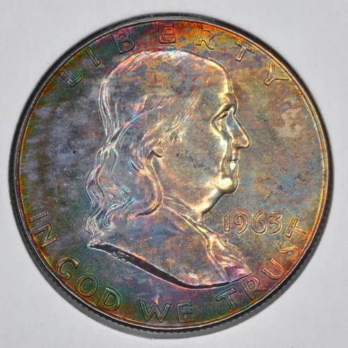 1963-D 50C Franklin Half Dollar Uncirculated - Lovely Dual Sided Toning F3