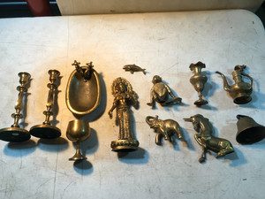 LOT OF 12 BRASS STATUES, CANDLESTICKS, HINDU GODDESS TARA, UNICORN, ELEPHANTS