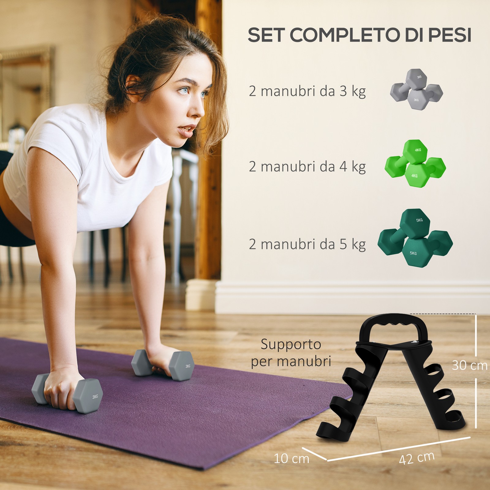 Set di Manubri con Supporto e 3 Coppie di Pesi foto 4