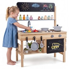 Outdoor Mud Kitchen for Kids, Wooden Play Pretend Kitchen w/ Cooking Accessories