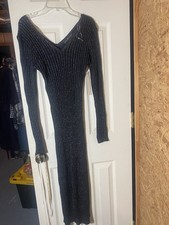 Gorgeous Black Glitter Holiday V Neck Ribbed Sweater Dress Size Small