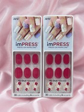 Kiss imPRESS No Glue Press-On Nails Manicure Short Oval Pink Flower Lot Of 2