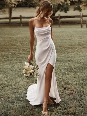 Simple Boho Mermaid Wedding Dress   High Slit Backless Lace Bridal Gown