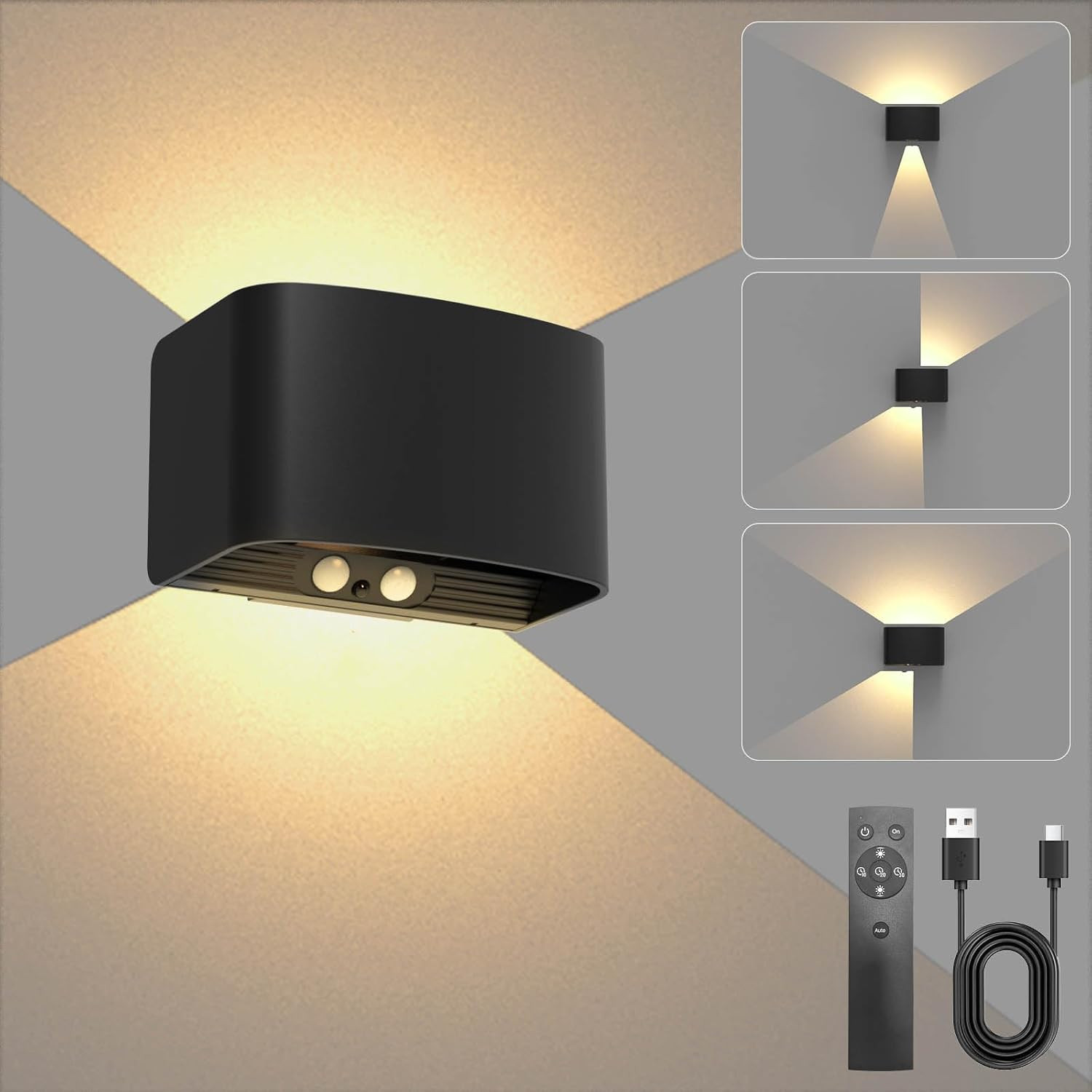 Lampada Da Parete Con Sensore Di Movimento - Ricaricabile USB - Girevole 360° - Touch Control 3 Luminosità - Bianco - copertina