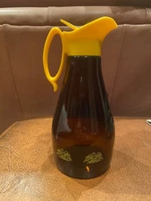 Vintage Log Cabin Amber Glass Maple Syrup Dispenser Pitcher Bottle w/Eagles