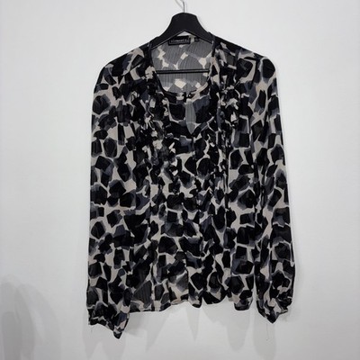 Elementz Abstract Geometric Print Ruffle Blouse Black Gray White Office Top