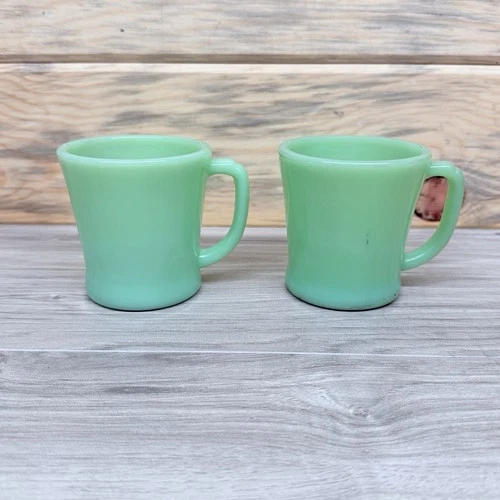 2 Vintage Fire King Jadeite Flat Bottom D Handle Mug Coffee Cup Anchor Hocking