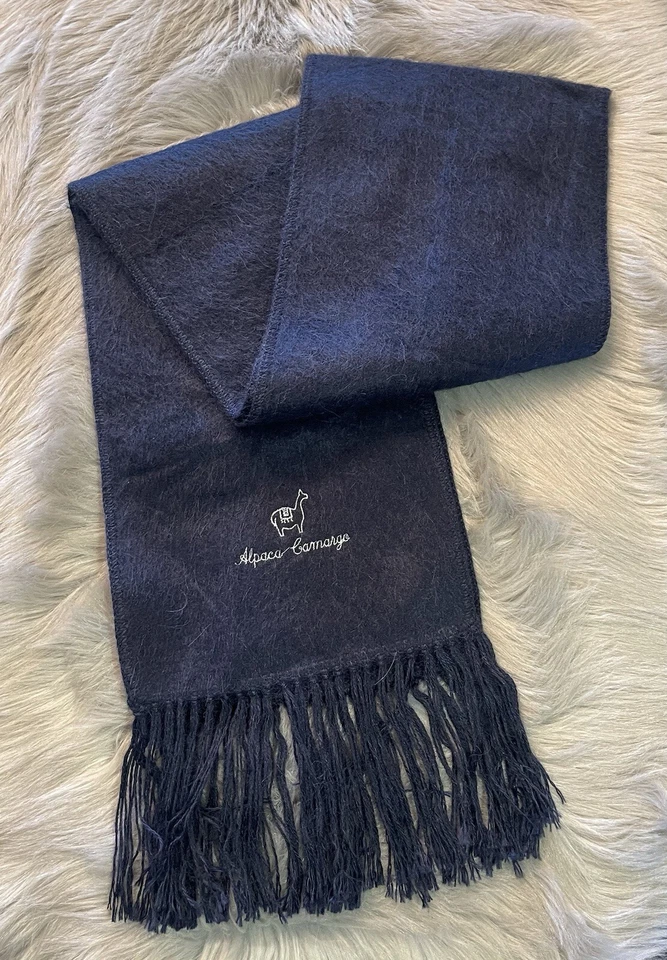 ALPACA CARMARGO Azul Marino Mezcla de Alpaca Tejido Bufanda Larga 9 x 70 pulgadas Flecos Dobladillos Foto 3 de 4