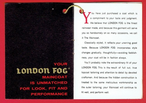c1964 London Fog Maincoat Hang Tag livret instructions d'entretien avec ficelle d'origine - Photo 3/6