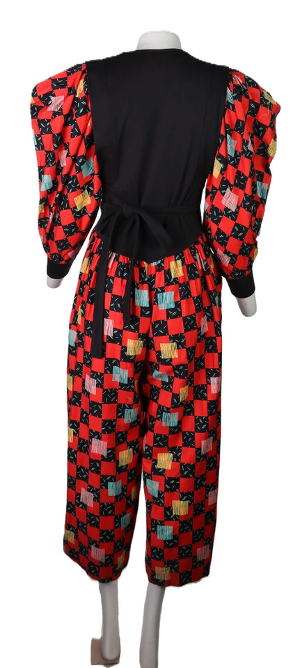 Vtg 80s JEANNE MARC Women’s SP PS MP PM Red Black Print Wrap Jumpsuit Big Sleeve - Image 4 of 4