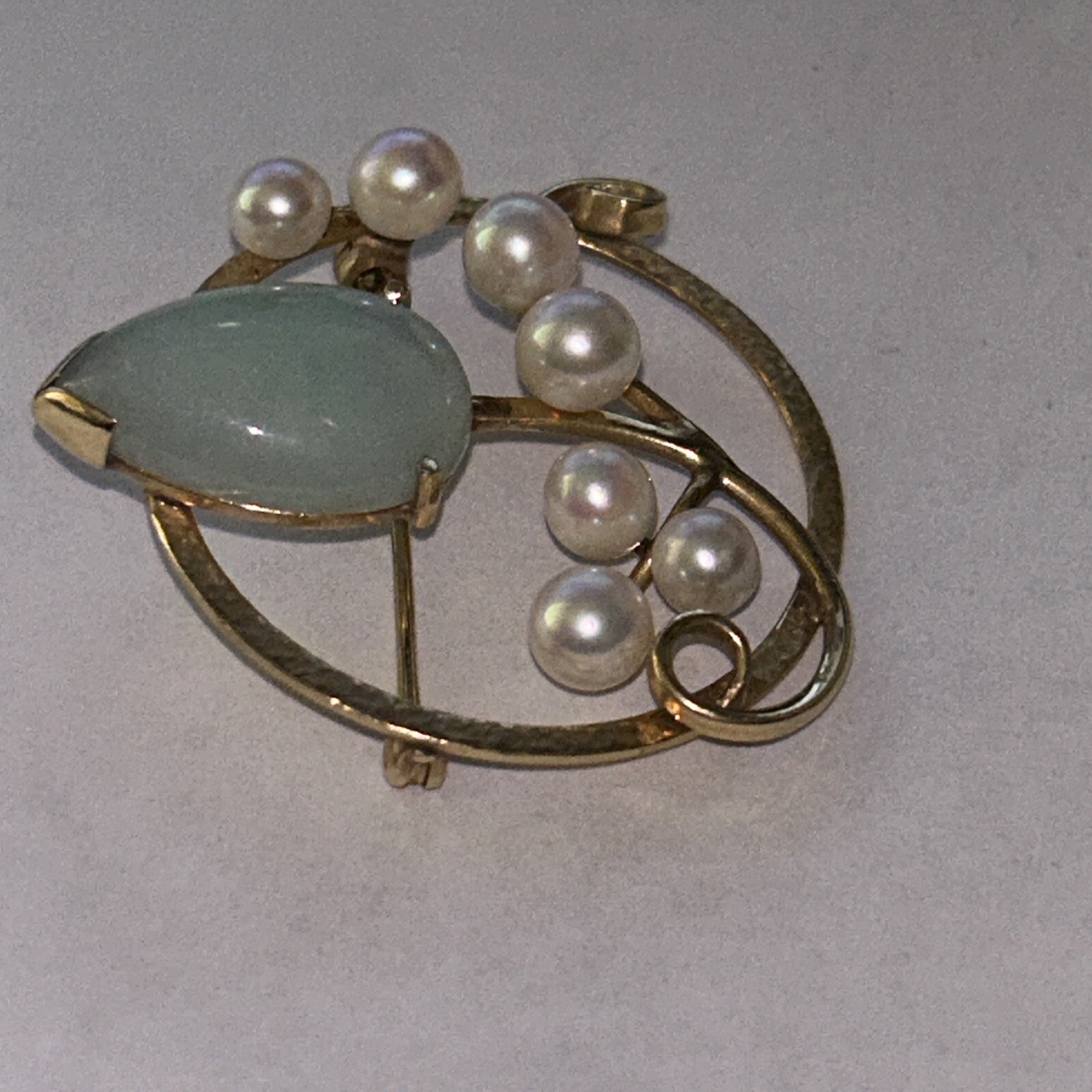 MING'S HAWAII JADE PEARL LEAF BROOCH PIN 14K YELLOW GOLD MINGS JEWELRY