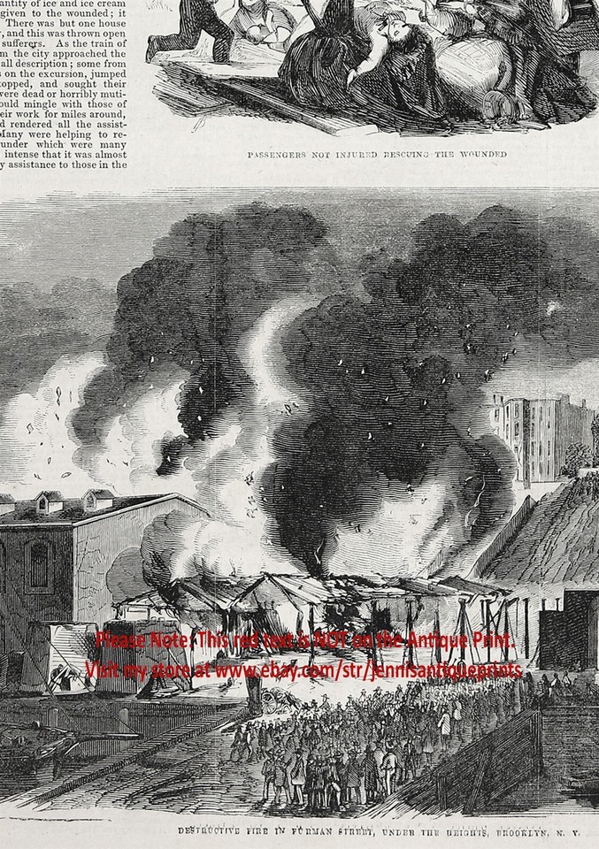 Brooklyn Heights New York City Fire, 1850s Antique Engraving Print