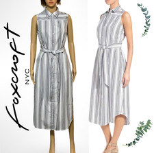 NEW FOXCROFT Women’s Non Iron Sleeveless Shirt Dress Sz. 14 Navy & White Striped