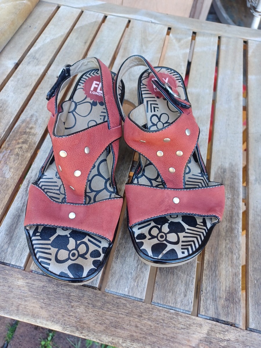 Women's Size 9 Fly London Red Sandals Wedge Heel Strap Back