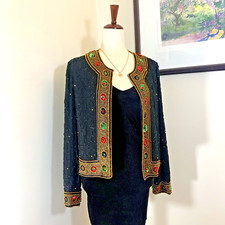 Vintage Evening Jacket XL Lawrence Kazar 100 Silk Beaded Black Gold Retro 90's