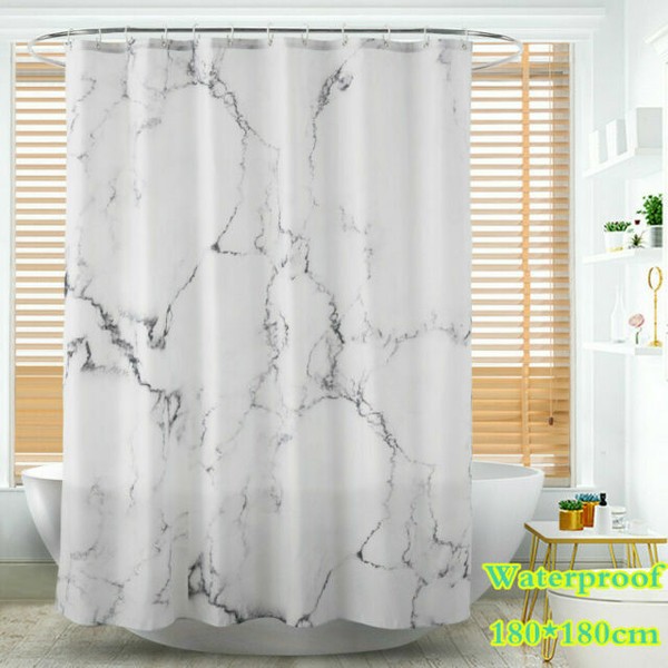 UK White Marble Shower Curtain Set Bathroom Curtains With 12 Hooks