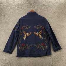 Colleen Lopez Button Jacket Womens M Denim Blue Cotton Floral Bird Embroidered