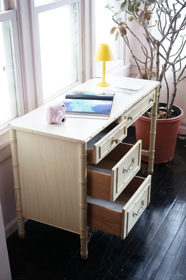 Thomasville Escritorio Hogar Oficina con 4 Cajones Bambú Blanco Madera Allegro De Colección Foto 3 de 4