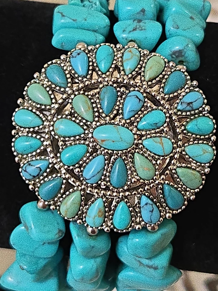  Ralph Lauren Statement Bracelet – Turquoise Chip & Medallion Stretch Cuff Boho  - Image 2 of 4