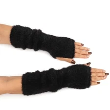  Women Arm Warmers Mink-Like Velvet Fingerless Gloves Y2K Wrist Faux Mink-black
