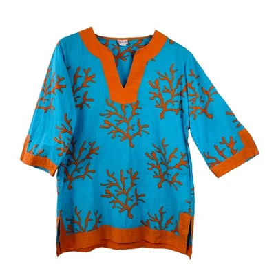 Top It Off M/L Tunic Beach Swim Coverup Blue Orange Coral Print Resort Coast Top - Image 1 of 4