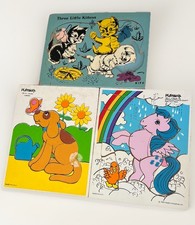 Vtg Playskool Wood Puzzle Lot Puppy  Garden  Unicorn, 3 Kittens SIFO USA - Flaws