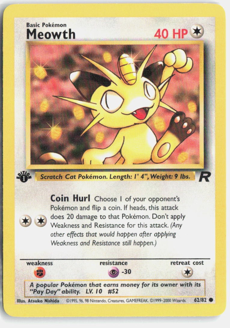 Meowth 62/82 Common Team Rocket Pokemon 1st Edition Lightly Played