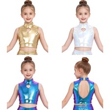 Girls Gymnastics Shiny Dance Sleeveless Crop Top Hip Hop Performance Jazz Kids